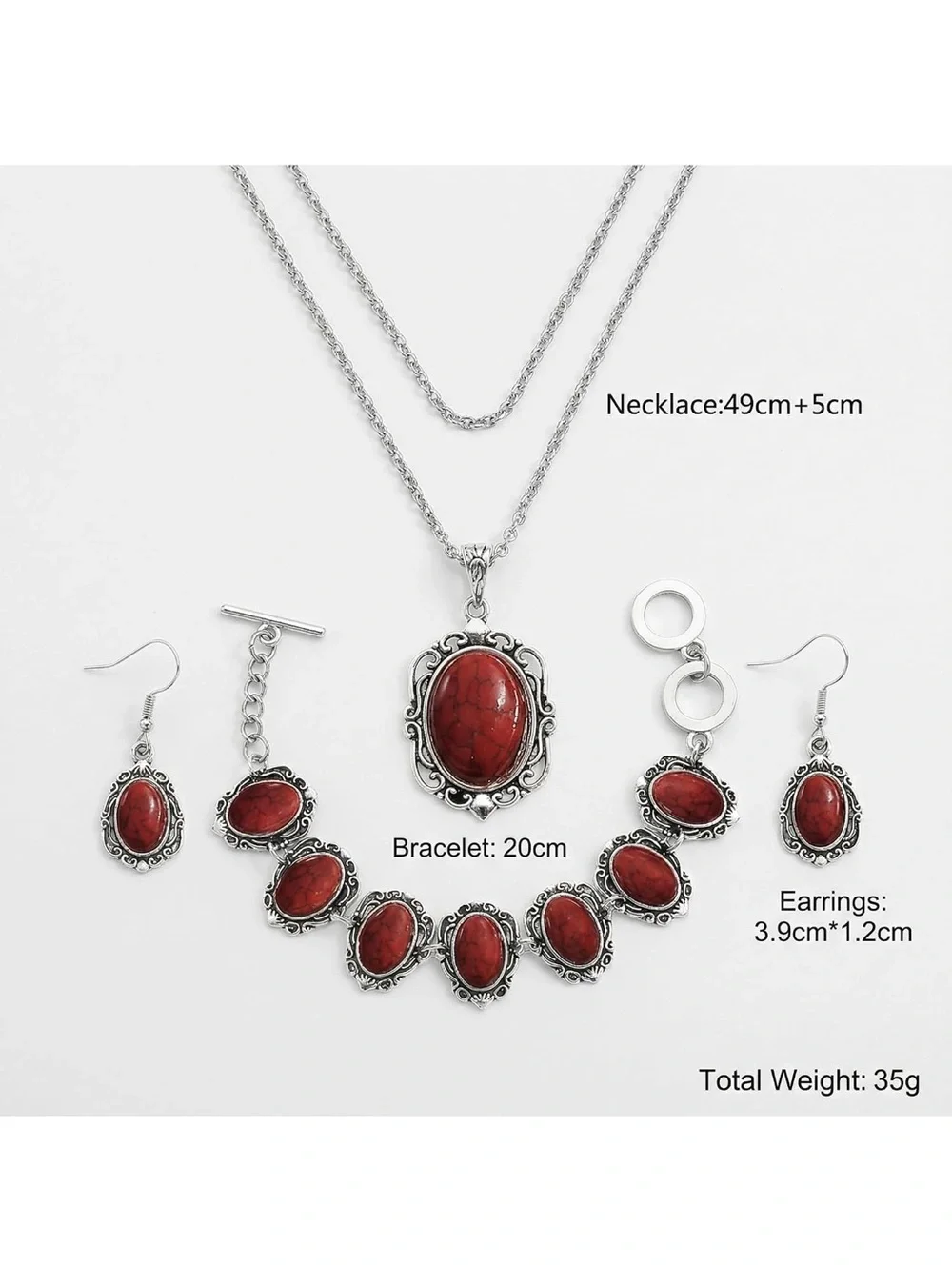 Anthropologie Silver-Tone Red Stone Necklace, Bracelet & Earring Set